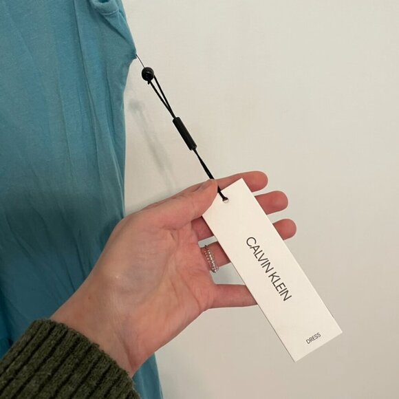 NEW NWT CALVIN KLEIN CK Sleeveless Tiered Dress Solid Aqua Blue Midi Sundress 6 - Picture 6 of 14